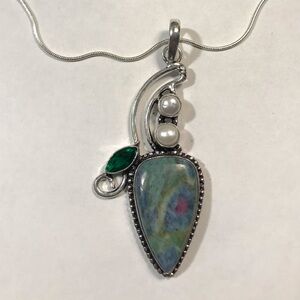 Ruby Fuchsite Tsavorite Pearl Stamped 925 Sterling Silver Necklace